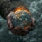 AI generated illustration of Hand holding burning globe in front of ocean