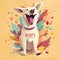 AI generated illustration of a happy canine in a pile of autumn foliage