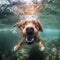 AI generated illustration of a happy and playful-looking dog swimming in a body of water