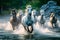 AI generated illustration of a herd of horses running across a shallow river