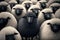 AI generated illustration of herd of white sheep with a black one in it - concept of being different