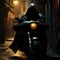 AI generated illustration of a hooded figure on a bike on a dark street