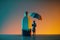 AI generated illustration of human figure with an umbrella next to a big glass bottle full of rain
