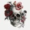AI-generated illustration of a human skull and roses on a white background.