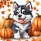 AI generated illustration of a husky puppy sitting amongst a cluster of vibrant orange pumpkins