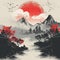 AI generated illustration of An idyllic Asian landscape with a majestic mountain range and a sunset