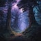 AI generated illustration of an idyllic fantasy landscape of a lush forest against the purple sky