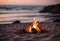 AI generated illustration of an idyllic nighttime beach scene featuring a crackling bonfire