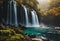 AI generated illustration of an idyllic scene of lush tropical foliage and majestic waterfalls