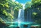 AI generated illustration of an idyllic scene of lush tropical foliage and majestic waterfalls