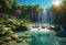 AI generated illustration of an idyllic scene of lush tropical foliage and majestic waterfalls