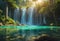 AI generated illustration of an idyllic scene of lush tropical foliage and majestic waterfalls