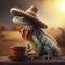 AI Generated illustration from iguana in Mexican hat and cup with hot drink outside