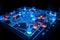 AI generated illustration of an illuminated electronic gaming board with illuminated pieces