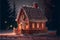 AI generated illustration of an illuminated gingerbread house with snow covered landscape