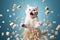 AI generated illustration of illustration of a white cat jumping midair with a pile of sugar cubes
