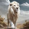 AI generated illustration of an impressive white lion strides across a sun-drenched sandy field