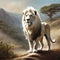 AI generated illustration of an impressive white lion strides across a sun-drenched sandy field