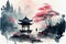 AI-generated illustration of an ink wash painting of an ancient Asian temple, a man walking in far