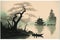 AI-generated illustration of an ink wash painting of an ancient Asian temple over a lake
