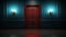 AI generated illustration of An isolated  closed wooden door in a dimly lit interior