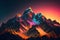 AI generated illustration of jagged mountains against a colorful sky at dusk