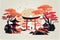 AI generated illustration of a Japanese shrine in a dreamy autumn landscape - a cultural concept