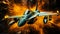 AI generated illustration of a jet fighter soaring through fire