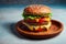 AI generated illustration of a juicy double cheese burger in a wooden plate