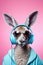 AI generated illustration of a kangaroo wearing headphones and sunglasses on a pink background