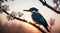 AI generated illustration of a kingfisher bird standing on a blossomed tree branch at sunset