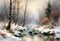 AI generated illustration of a landscape painting of a river flowing through a snowy landscape