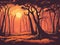 AI generated illustration of a landscape of a wooded area at sunset