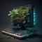 AI generated illustration of A laptop computer with a green foliage of plants emerging from screen