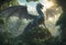 AI generated illustration of a large fantasy dragon statue with wide wings in an overgrown forest