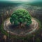 AI generated illustration of a large green tree in a circular clearing within a forest