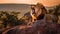 AI generated illustration of A large male lion lounges contentedly on a rocky outcrop