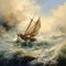 AI generated illustration of a large sailboat cruising in the ocean, surrounded by rolling waves