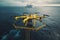 AI generated illustration of a large yellow delivery drone flying over the sea, supplying oil rigs