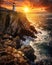 AI generated illustration of a lighthouse illuminated by a brilliant sunset on a rocky shoreline