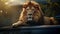 AI generated illustration of A  lion lounging atop a parked vehicle with a blurry background