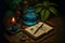 AI generated illustration of a lit candle and spiritual journaling book placed on a wooden table