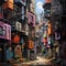 AI generated illustration of a lively street scene vibrant multi-colored buildings