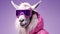 AI generated illustration of a llama wearing a pink hooded jacket and sunglasses