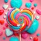 AI generated illustration of a lollipop standing out amongst a vast array of heart-shaped candy