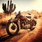 AI generated illustration of A lone motorcycle is parked in a barren desert