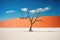 AI generated illustration of a lone tree in a vast desert landscape, illuminated by the blue sky