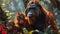 AI generated illustration of a loving mother orangutan tenderly embracing her two young children