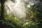 AI generated illustration of a lush forest illuminated by golden sunbeams