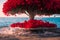 AI generated illustration of a lush tree with red flowers in the middle of an ocean